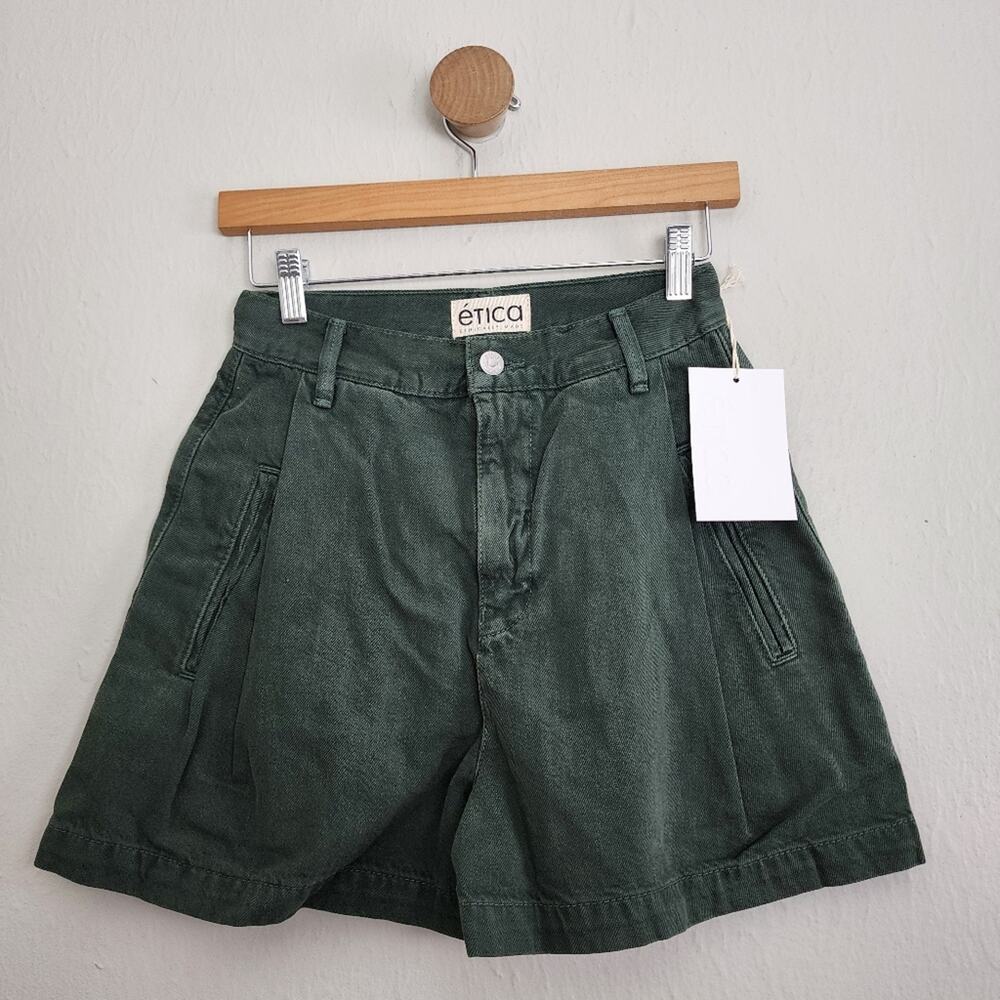NWT Etica Max Pleated High Waisted Denim Shorts Seaweed Olive Green 24